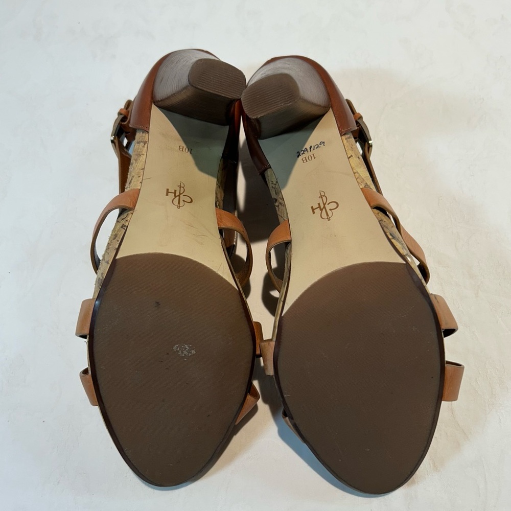 Cole Haan Sz 10 Jocelyn Strappy High Heeled Sandals Leather Brown Tan Wood Heel - Picture 6 of 10